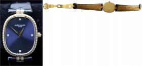 Armbanduhren
Damen-Armbanduhr PATEK PHILIPPE, Modell "Ellipse", um 1985. Gehäuse Gelbgold 750. Insgesamt mit 64 Brillanten besetzt, davon 4 auf dem Z...