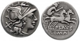 Römische Republik
D. Flavius, 150 v.Chr
Denar 150 v. Chr. Romakopf r./Luna in Biga r.
fast sehr schön