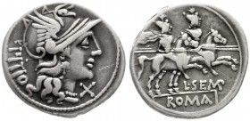 Römische Republik
L. Sempronius Pitio, 148 v.Chr
Denar 148 v.Chr. PITIO. Romakopf r./L. SEMP ROMA. Die Dioskuren reiten r.
fast sehr schön, kl. Kra...