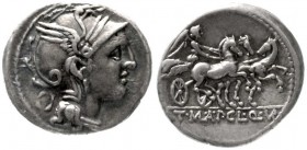 Römische Republik
Appius Claudius Pulcher, T. Manlius Mancius und Q. Urbinius 111-110 v. Chr
Denar 111/110 v. Chr. Romakopf r./Victoria in Quadriga ...