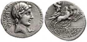 Römische Republik
C. Vibius Pansa, 90 v. Chr
Denar 90 v. Chr PANSA. Apollokopf r., Beizeichen/C VIBIVS C F. Minerva in Quadriga r.
sehr schön