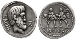 Römische Republik
L. Titurius L.f. Sabinus, 89 v.Chr
Denar 89 v.Chr. SABIN. Kopf des Titus Tatius r., im Feld A/L. TITVRI. Der Raub der Sabinerinnen...