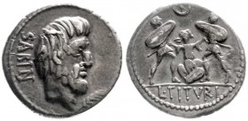 Römische Republik
L. Titurius L.f. Sabinus, 89 v.Chr
Denar 89 v.Chr. SABIN. Kopf des Titus Tatius r., im Feld Zweig/L. TITVRI. Hinrichtung der Tarpe...