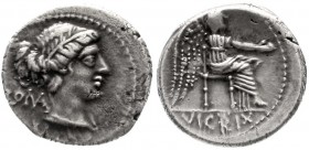 Römische Republik
M. Porcius Cato, 89 v.Chr
Denar 89 v.Chr. ROMA M CATO. Weibl. Kopf r./VICTRIX. Victoria thront r.
sehr schön/vorzüglich
