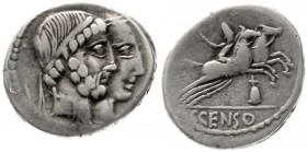 Römische Republik
C. Censorinus, 88 v.Chr
Denar 88 v.Chr. Büsten v. Numa Pompilius und Ancus Marcius r./C.CENSO. 2 n.r. galoppierende Pferde, das Vo...