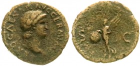 Kaiserzeit
Nero 54-68
As 65 Lugdunum. Barh. Kopf r. mit Globus am unteren Ende/Victoria l., hält Globus mit Aufschrift SPQR.
schön/sehr schön