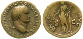 Kaiserzeit
Titus, 79-81
As, als Caesar unter Vespasian, 77/78. Bel. Kopf r./PAX AVGVST SC. Pax steht l., hält Ölzweig und Lorbeerzweig.
schön/sehr ...
