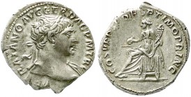 Kaiserzeit
Trajan, 98-117
Denar 103/111. Halbdrap., belorb. Brb. r./COS V PP SPQR OPTIMO PRINC. Aequitas thront l.
sehr schön/vorzüglich