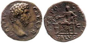 Kaiserzeit
Lucius Aelius, 136-138
As 136/138. Kopf n.r./TR POT COS II SALVS SC. Salus sitzt n.l., füttert aus Schale eine Schlange, die sich um Alta...