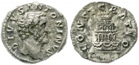 Kaiserzeit
Antoninus Pius, 138-161
Denar posthum. Drap. Brb. r./CONSECRATIO. Scheiterhaufen zur Feuerbestattung.
gutes sehr schön