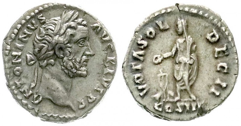 Kaiserzeit
Antoninus Pius, 138-161
Denar 158/159. Bel. Kopf r./VOTA SOL DEC II...