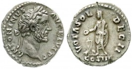 Kaiserzeit
Antoninus Pius, 138-161
Denar 158/159. Bel. Kopf r./VOTA SOL DEC II COS IIII. Sol steht l., opfert mit Patera am Altar.
fast vorzüglich,...
