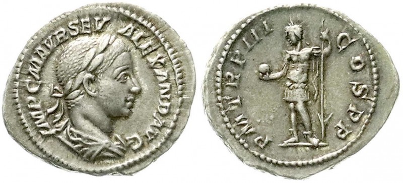 Kaiserzeit
Severus Alexander, 222-235
Denar 224. Drap., belorb. Brb. r./PM TRP...