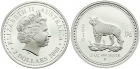 Australien
Elisabeth II., seit 1952
2 Dollars Silbermünze (2 Unzen) 2008 P zum Jahr des Tigers 2010. Stehender Tiger. Im Etui mit Zertifikat. Von 10...