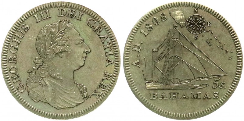 Bahamas
Britisch
Fantasy-Crown (5 Shillings) 1808 Segelschiff, Kompass und Kar...