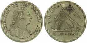 Bahamas
Britisch
Fantasy-Crown (5 Shillings) 1808 Segelschiff, Kompass und Karte. Kupfer, bronziert. 41 mm. Spätere Prägung nach Vorlage der Retro-P...