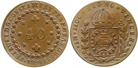 Brasilien
Pedro I., 1822-1831
40 Reis 1826 R. Kreuz auf Krone.
fast Stempelglanz, Prachtexemplar, schöne Kupferpatina, sehr selten in dieser Erhalt...