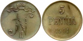 Finnland
Nikolaus II., 1894-1917
5 Penniä 1901. fast Stempelglanz, Prachtexemplar mit herrlicher Kupfertönung