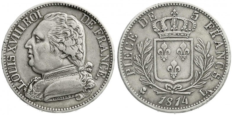 Frankreich
Ludwig XVIII., 1814, 1815-1824
5 Francs 1814 L, Bayonne.
sehr schö...