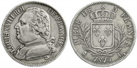 Frankreich
Ludwig XVIII., 1814, 1815-1824
5 Francs 1814 L, Bayonne.
sehr schön, kl. Randfehler
