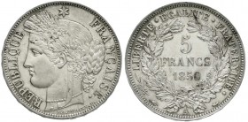 Frankreich
Zweite Republik, 1848-1852
5 Francs 1850 A. vorzüglich/Stempelglanz, kl. Kratzer