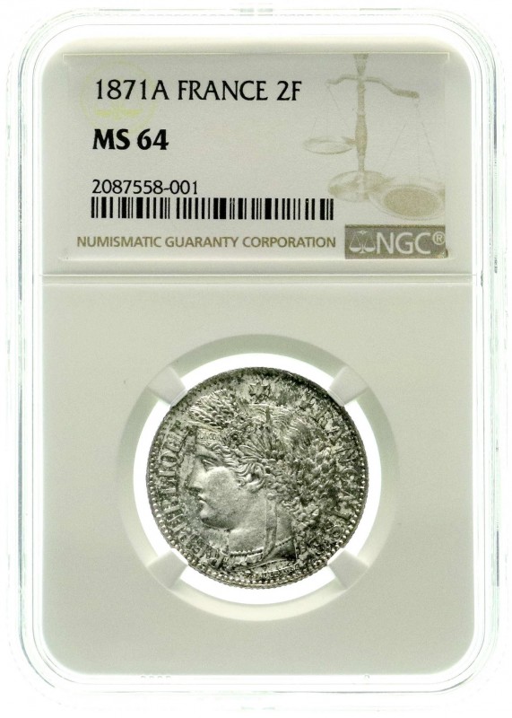 Frankreich
Dritte Republik, 1870-1940
2 Francs 1871 A, Paris. Im NGC-Blister m...