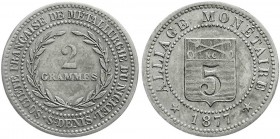 Frankreich
Dritte Republik, 1870-1940
PROBE 5 Centimes 1877 in Nickel der metallurgischen Gesellschaft von St. Denis. 21 mm; 2,04 g.
vorzüglich, kl...
