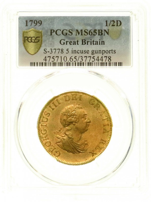 Großbritannien
George III., 1760-1820
1/2 Penny 1799. Incuse Kanonen. Im PCGS-...