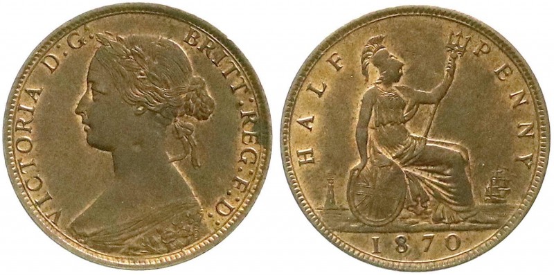 Großbritannien
Victoria, 1837-1901
Halfpenny 1870. vorzüglich/Stempelglanz, Dr...