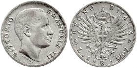Italien
Vittorio Emanuele III., 1900-1946
1 Lira 1905 R. fast sehr schön, kl. Randfehler