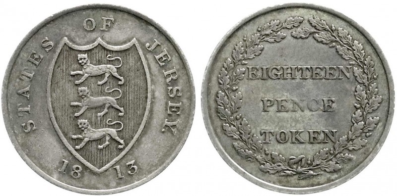 Jersey
Britisch
18 Pence Token 1813. vorzüglich, schöne Patina