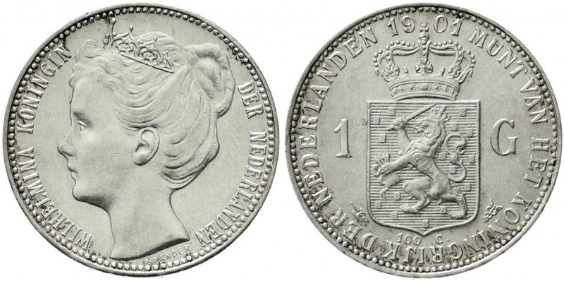 Niederlande
Wilhelmina, 1890-1948
1 Gulden 1901. vorzüglich/Stempelglanz, selt...