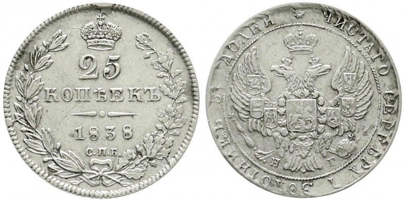 Russland
Nikolaus I., 1825-1855
25 Kopeken 1838, St. Petersburg. vorzüglich, l...