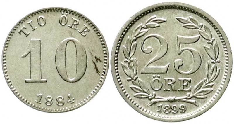 Schweden
Oskar II., 1872-1907
2 Stück: 25 Öre 1899 und 10 Öre 1884.
vorzüglic...