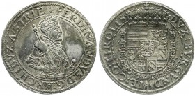 Haus Habsburg
Erzherzog Ferdinand II., 1564-1595
Reichstaler o.J. Hall. Var. Harnisch mit 3 Reihen kl. Blümchen und umgelegter Kette mit dem Goldene...