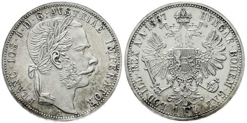 Haus Habsburg
Franz Joseph I., 1848-1916
Gulden 1867 A. vorzüglich/Stempelglan...