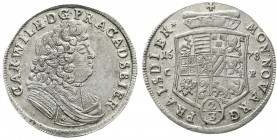 Anhalt-Zerbst
Carl Wilhelm, 1667-1718
2/3 Taler (Gulden) 1678 CP. Interpunktionsvar. und kl. Fürstenhut.
vorzüglich, leicht justiert, selten