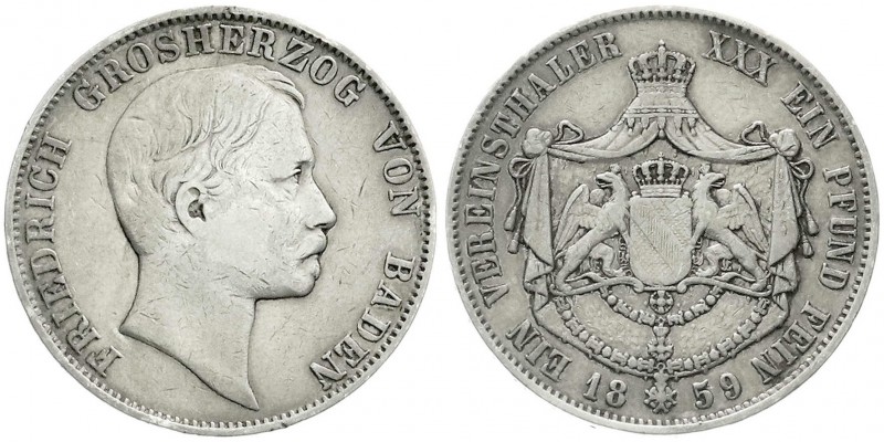 Baden-Durlach
Friedrich I., 1852-1907
Vereinstaler 1859. sehr schön, min. Rand...