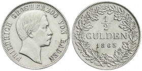 Baden-Durlach
Friedrich I., 1852-1907
1/2 Gulden 1865. vorzüglich, etwas berieben