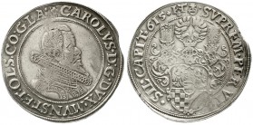 Schlesien-Münsterberg-Öls
Karl II., 1587-1617
Taler 1615 HT (Hans Tuchmann), Öls. Brb. n.r., über dem Kopf Rosette zwischen vier Punkten/fünf-teilig...