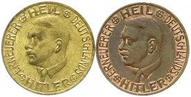 Drittes Reich
2 X Spendenmarken o.J. 30 Opferpfennig Messing und 50 Opferpfennig Kupfer. Hitlerkopf l./Wertzahl vor Hakenkreuz. 18 mm.
beide vorzügl...