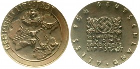 Drittes Reich
Bronzemedaille o.J. gewidmet vom Landkreis Lippstadt. Kartenansicht/Swastika im Eichenlaub. 78 mm.
vorzüglich, selten