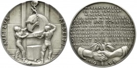 Münchner Medailleure
Karl Goetz
Silbermedaille 1933 "Auf zur Arbeit". 36 mm; 19,01 g.
vorzüglich/Stempelglanz, mattiert