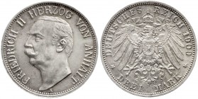 Anhalt
Friedrich II., 1904-1918
3 Mark 1909 A. fast Stempelglanz, feine Tönung, selten