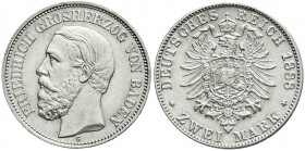 Baden
Friedrich I., 1856-1907
2 Mark 1888 G. vorzüglich/Stempelglanz, selten in dieser Erhaltung