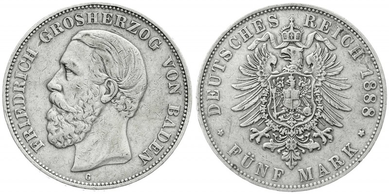 Baden
Friedrich I., 1856-1907
5 Mark 1888 G. A ohne Querstrich.
sehr schön, k...