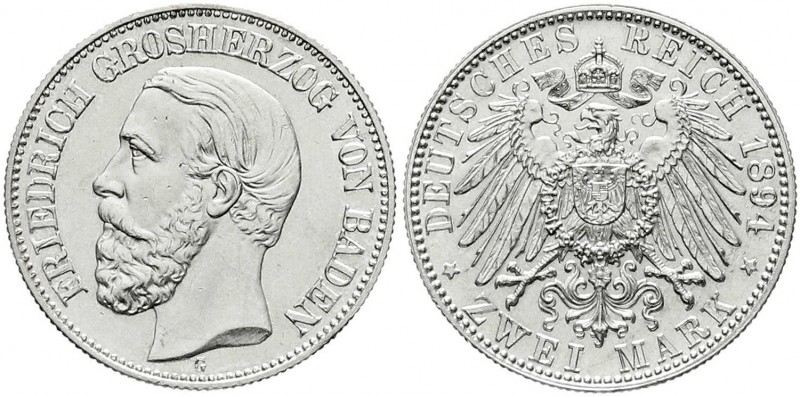 Baden
Friedrich I., 1856-1907
2 Mark 1894 G. vorzüglich/Stempelglanz