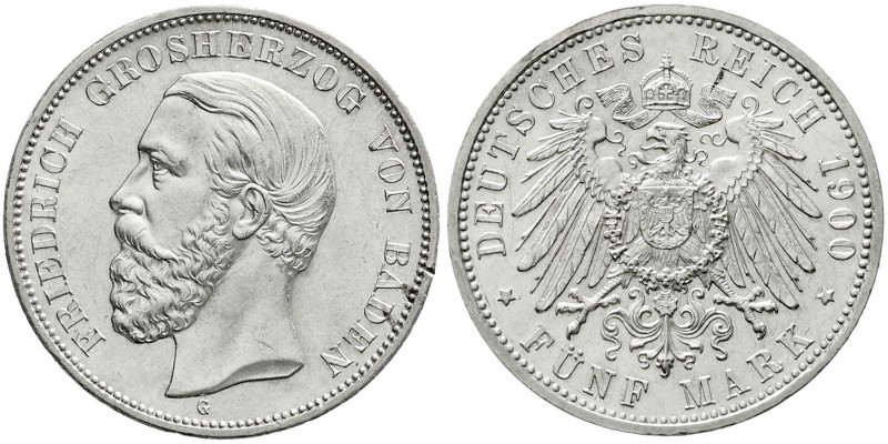 Baden
Friedrich I., 1856-1907
5 Mark 1900 G. prägefrisch/fast Stempelglanz, kl...