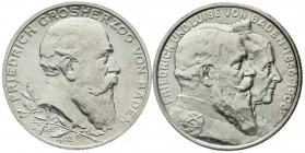 Baden
Friedrich I., 1856-1907
2 X 2 Mark: 1902 Jubiläum und 1906 Goldene Hochzeit. beide vorzüglich/Stempelglanz