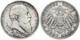 Baden
Friedrich I., 1856-1907
5 Mark 1902. 50 jähriges Regierungsjubiläum.
vorzüglich/Stempelglanz